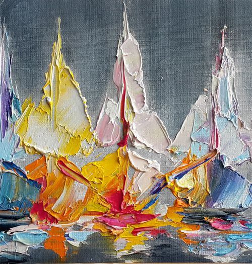 "Sea with yachts" - Oil painting, seascape,  landscape, yacht original painting, sea with yachts, modern painting, Impressionism, made by palette knife by Anastasia Kozorez