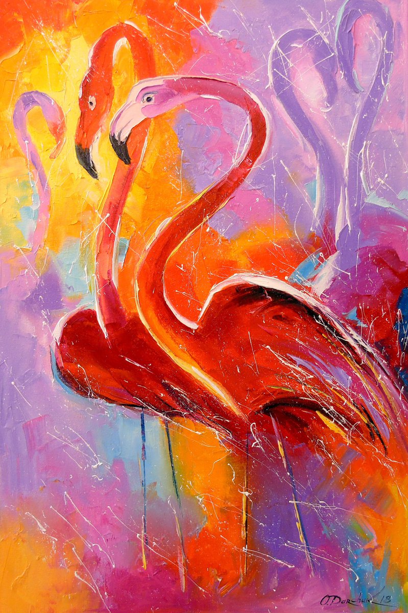Impressionistic Animal Oil Painting By Olha Darchuk, 16 X 24", Flamingo, Original Artwork