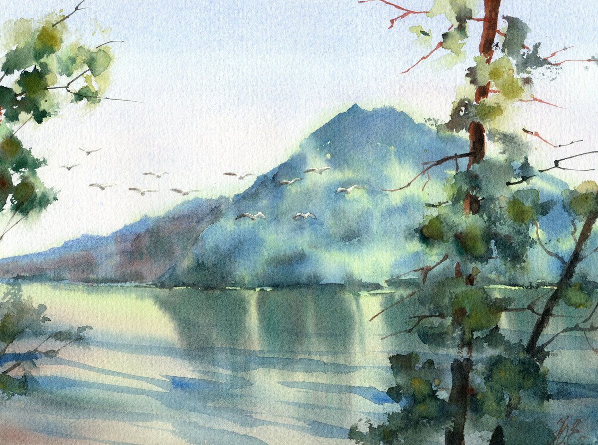 Lake and pines, Watercolor green landscape by Yulia Evsyukova