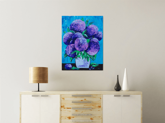 BOUQUET OF Purple and Pink  hydrangea on turquoise in a white vase palette  knife Original Acrylic painting office home decor gift