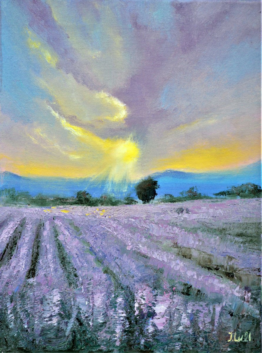 Impressionistic Landscape Oil Painting By Elena Lukina, 12 X 16, Lavender Evening, Original Artwork