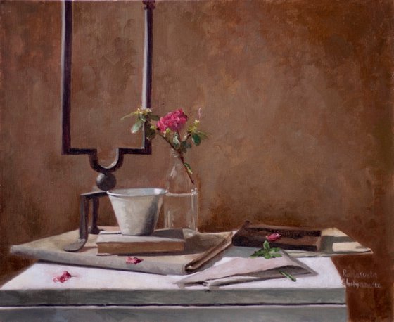 Still life with books and a flower