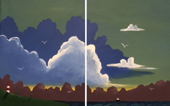 canvas painting seascape coast landscape painting large wall art original seascape abstract " Seagull Coast " painting art canvas colour paint blue green white 32 x 20 "