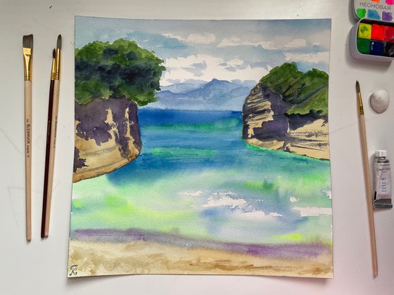 Beach Wall Art, Ocean Painting, Sea Original Watercolor Painting, Greece Landscape Art