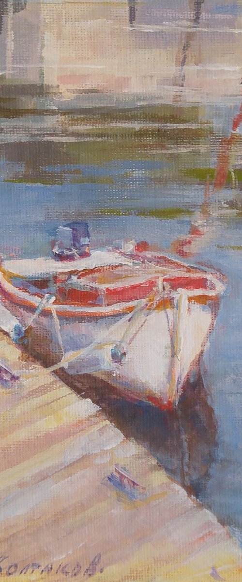 White moored boat (5x7x0.1'') (framed 8.7x7x0.5") by Alexander Koltakov