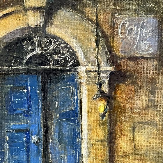 Old Blue Door of a Cozy Café