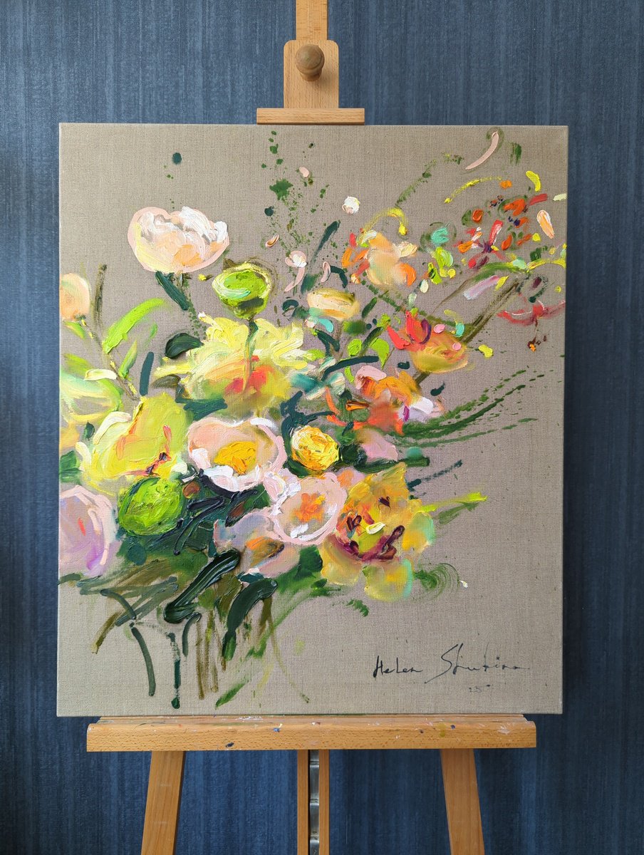 Expressive Botanical Oil Painting By Helen Shukina, 24 X 28, Bouquet In Warm Rays, Original Artwork