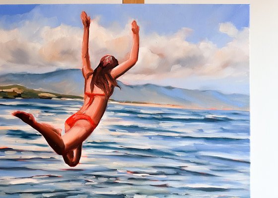 Jumping in Ocean - Swimmer Dive Woman Seascape Original Art