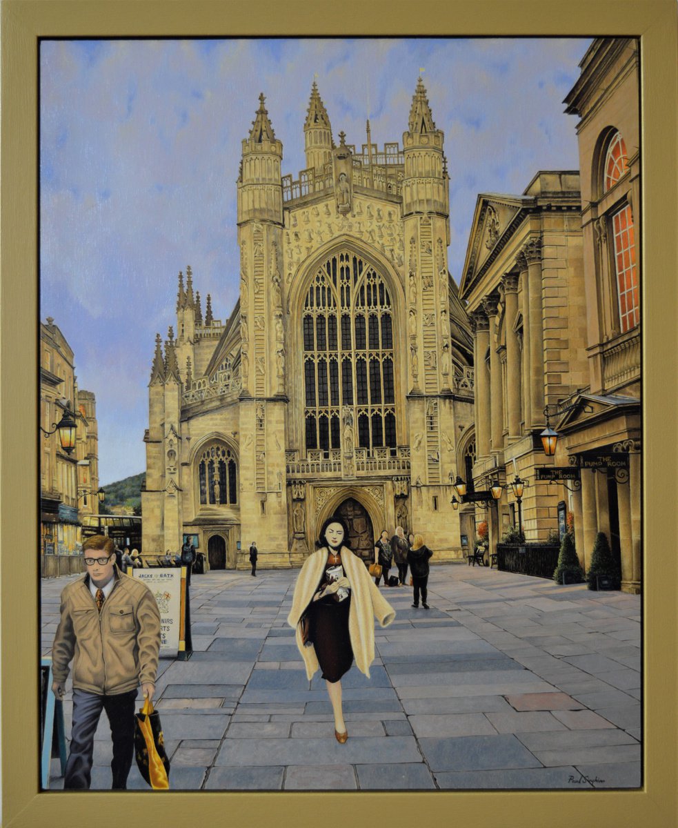 Photorealistic Cityscapes Oil Painting By Paul Simpkins, 18 X 22", Bath Abbey Evening, Original Artwork