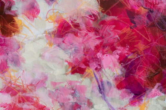 Pink and red floral Monet inspired - Large modern wall art Ready to hang