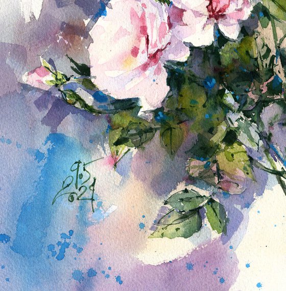 "Melody of a clear sky" bouquet of delicate light pink garden roses impressionism watercolor