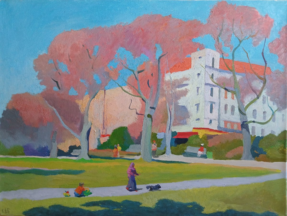Impressionistic Landscape Oil Painting By Vasyl Koval, 31 X 24", Sunny Day In Berlin, Original Artwork