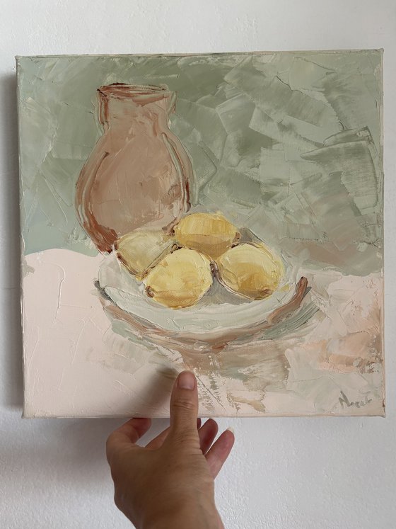 Still life fruits palette knife lemons carafe