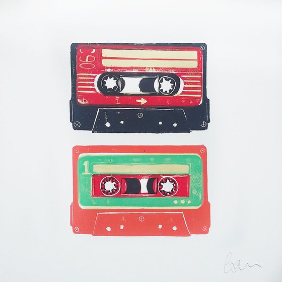 Linocut tapes duo #3 (cassette tapes, retro music, 70's, 80's rock culture)