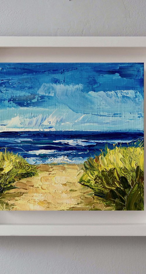 WALKING TO THE BEACH, Original Textural Impressionist Square Mini Landscape Oil Painting by Nastia Fortune