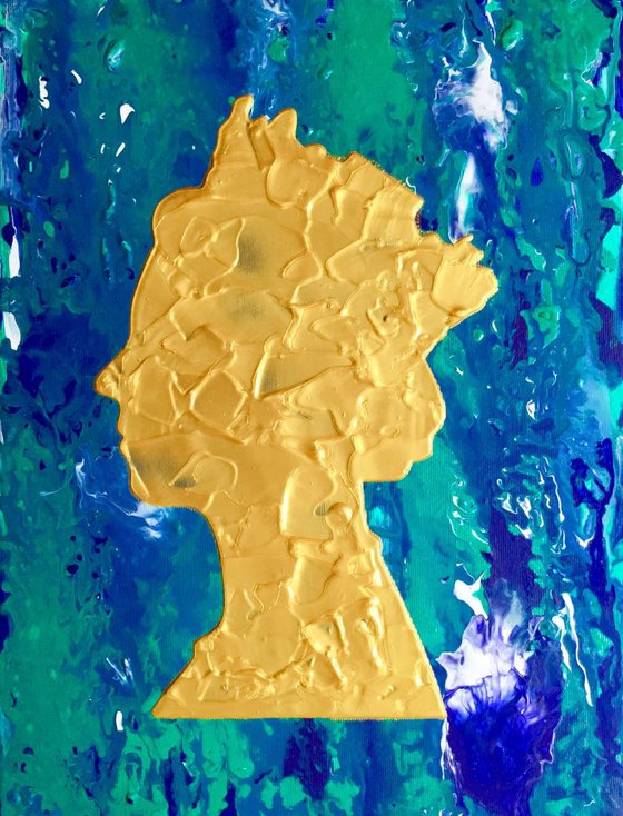 Gold Queen #23 Abstract Queen Elizabeth  portrait  on green marble background