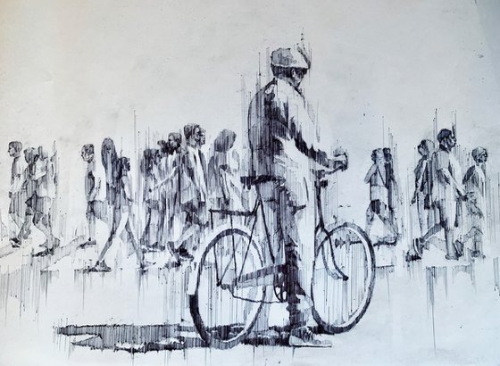 Big graphic artwork - "New York crosswalk" - People on crosswalk - Bike - 2022