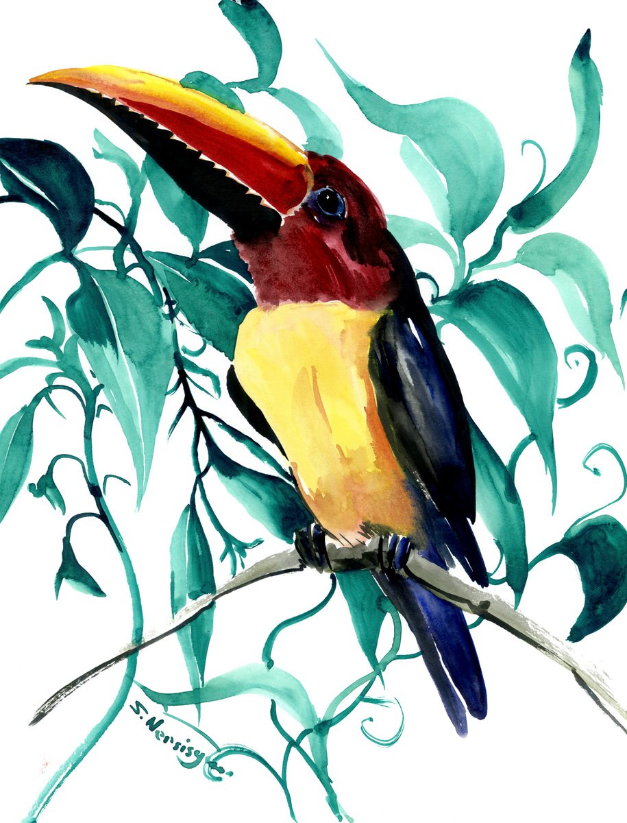 green aracari, Toucan in the Jungle, Tropical Foliage Bird artwork by Suren Nersisyan
