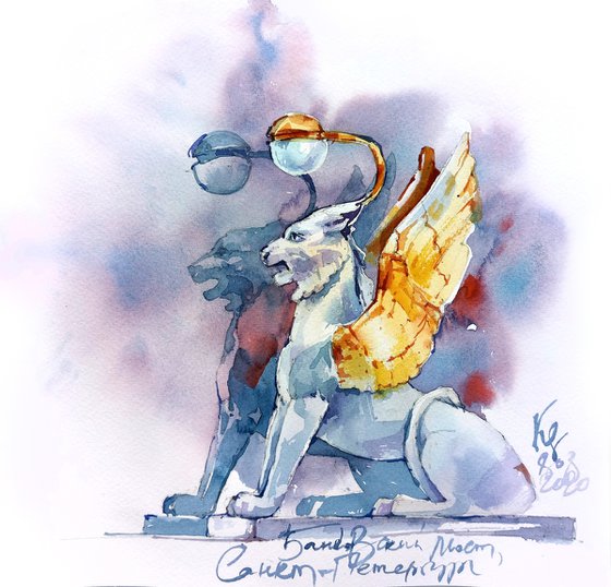 "Statues of Griffons on the Bank Bridge, St. Petersburg" architectural landscape - Original watercolor painting