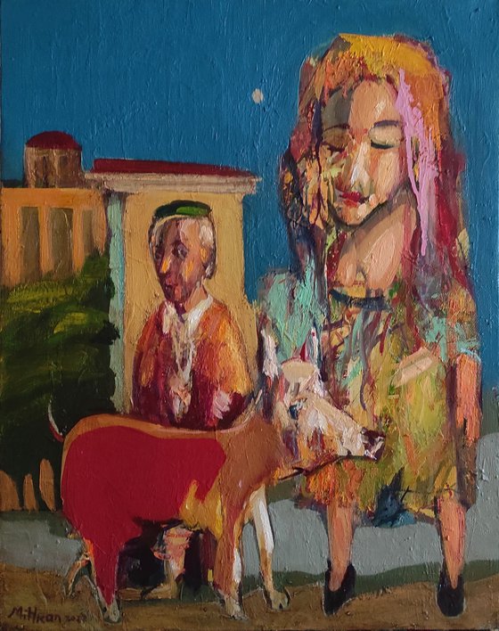 The girl and her dog (50x40cm, oil painting, ready to hang)