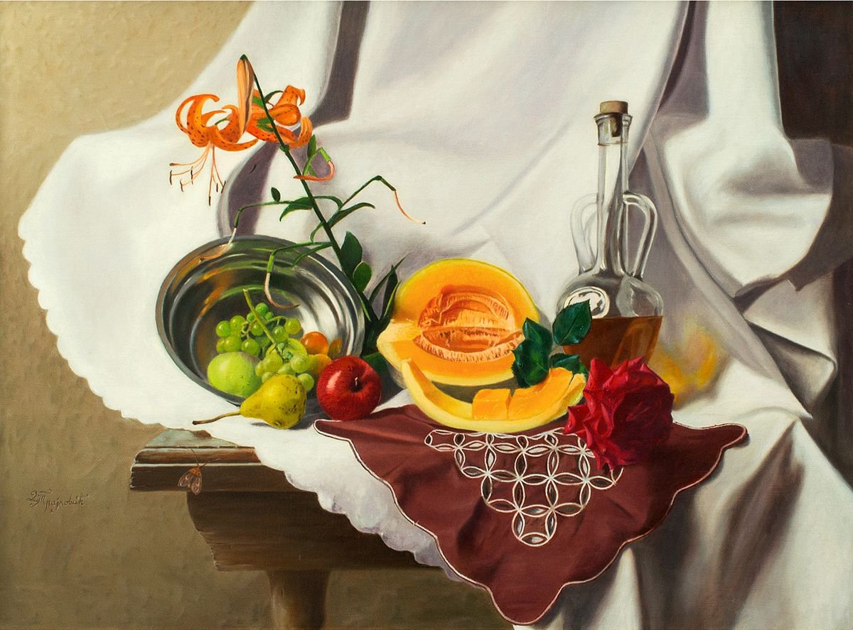 Photorealistic Still Life Oil Painting By Dejan Trajkovic, 39 X 31, Romance Scent, Original Artwork