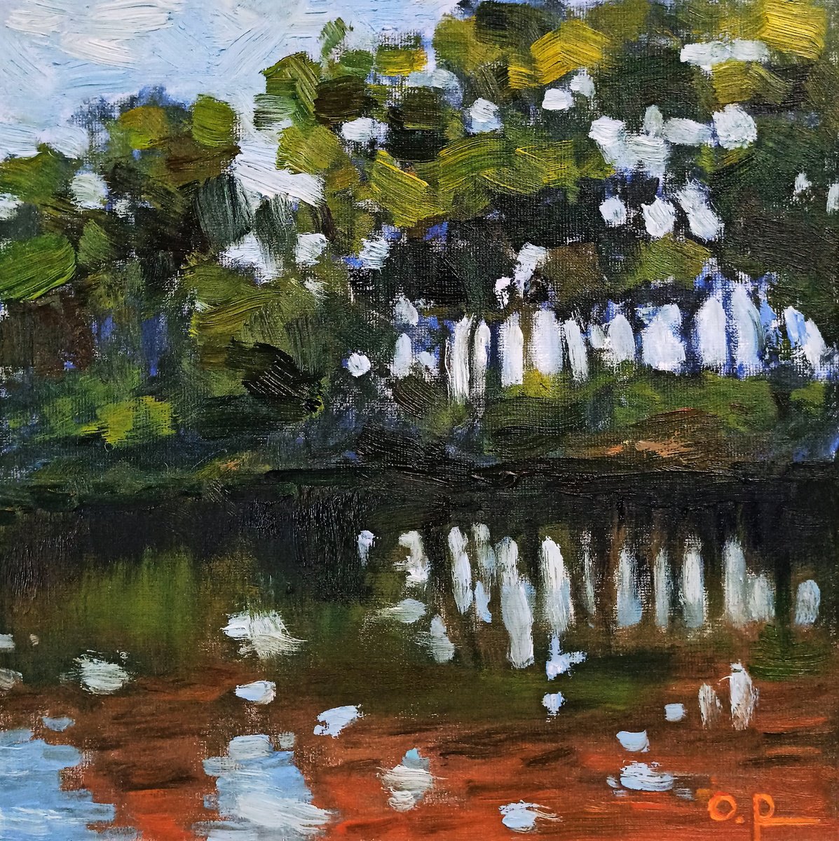 Impressionistic Landscape Oil Painting By Oleh Rak, 10 X 10", Reflection, Original Artwork