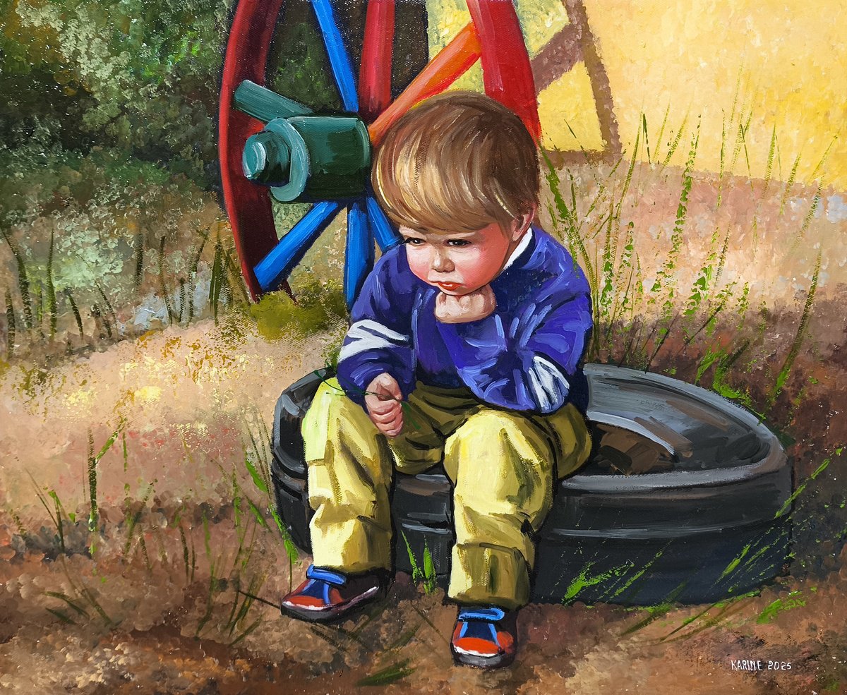 Impressionistic Portrait Oil Painting By Karine Harutyunyan, 24 X 20", In A World Of His Own, Original Artwork