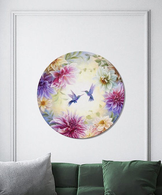 "Birds in love", oil floral painting on round canvas, flowers art