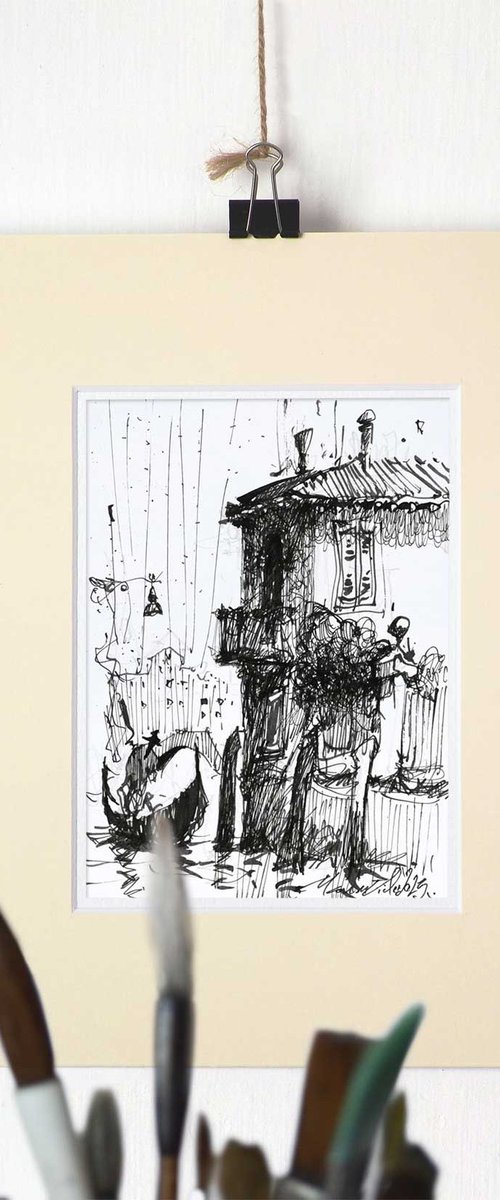 Gondola Ride Venice. Original Ink Drawing by Marin Victor