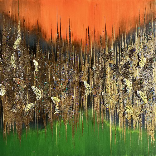 Every end has a beginning sunset abstract butterfly gold green orange with glitter by Henrieta Angel