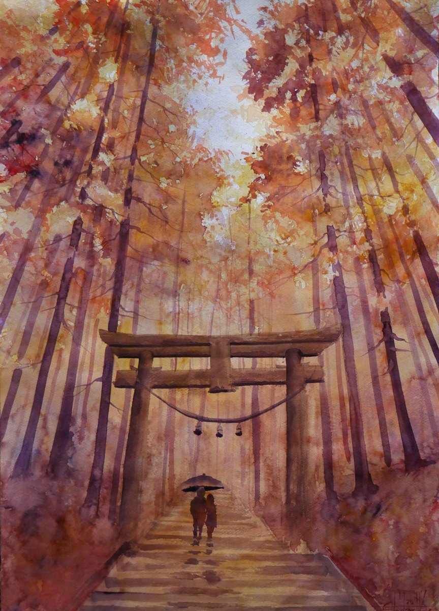 Impressionistic Landscape Watercolour By Eugene Gorbachenko, 20 X 30, Magical Autumn In Japan, Original Artwork