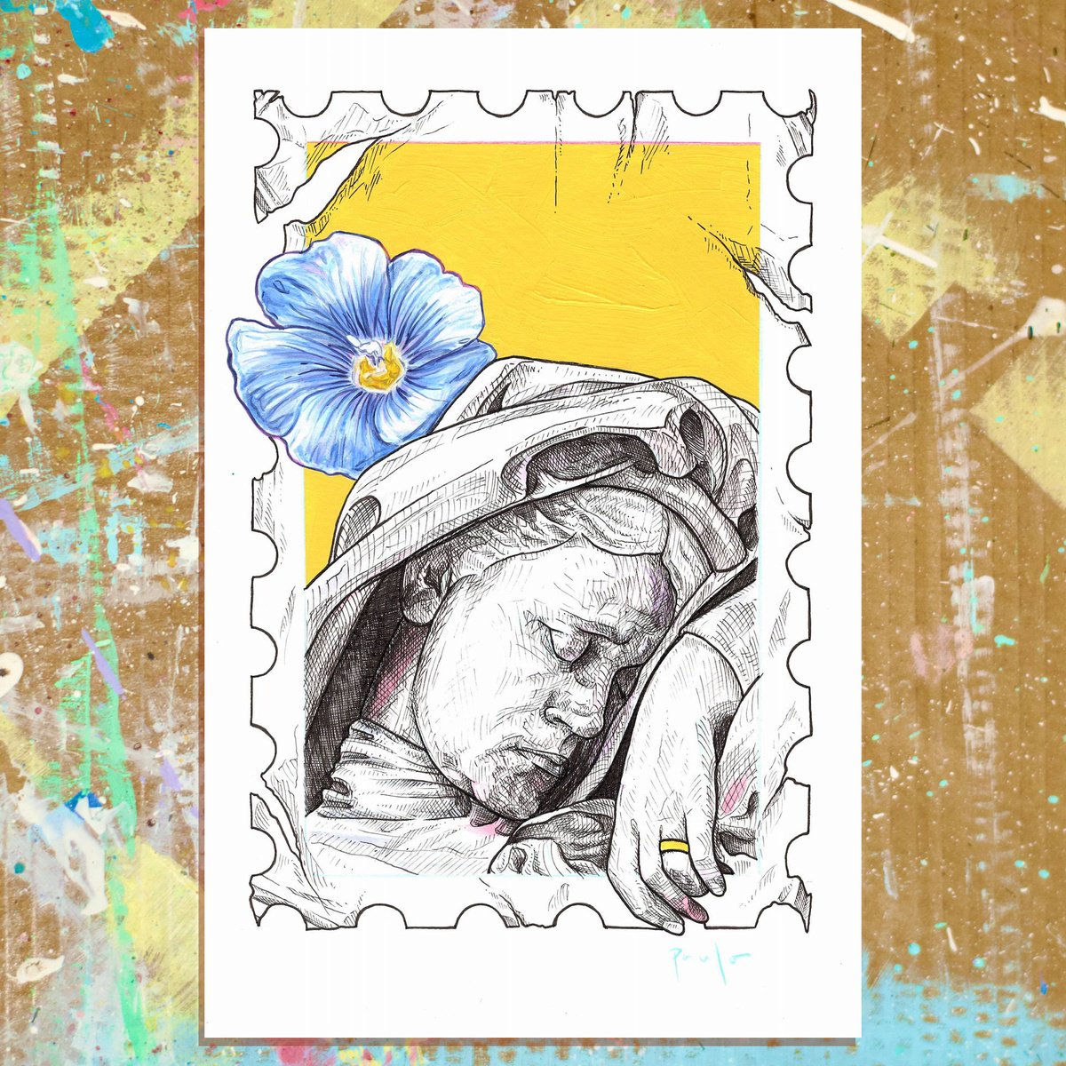 Illustrative Portrait Ink Drawing By Paul Ward, 8 X 11", Death Stamp Ii, Original Artwork