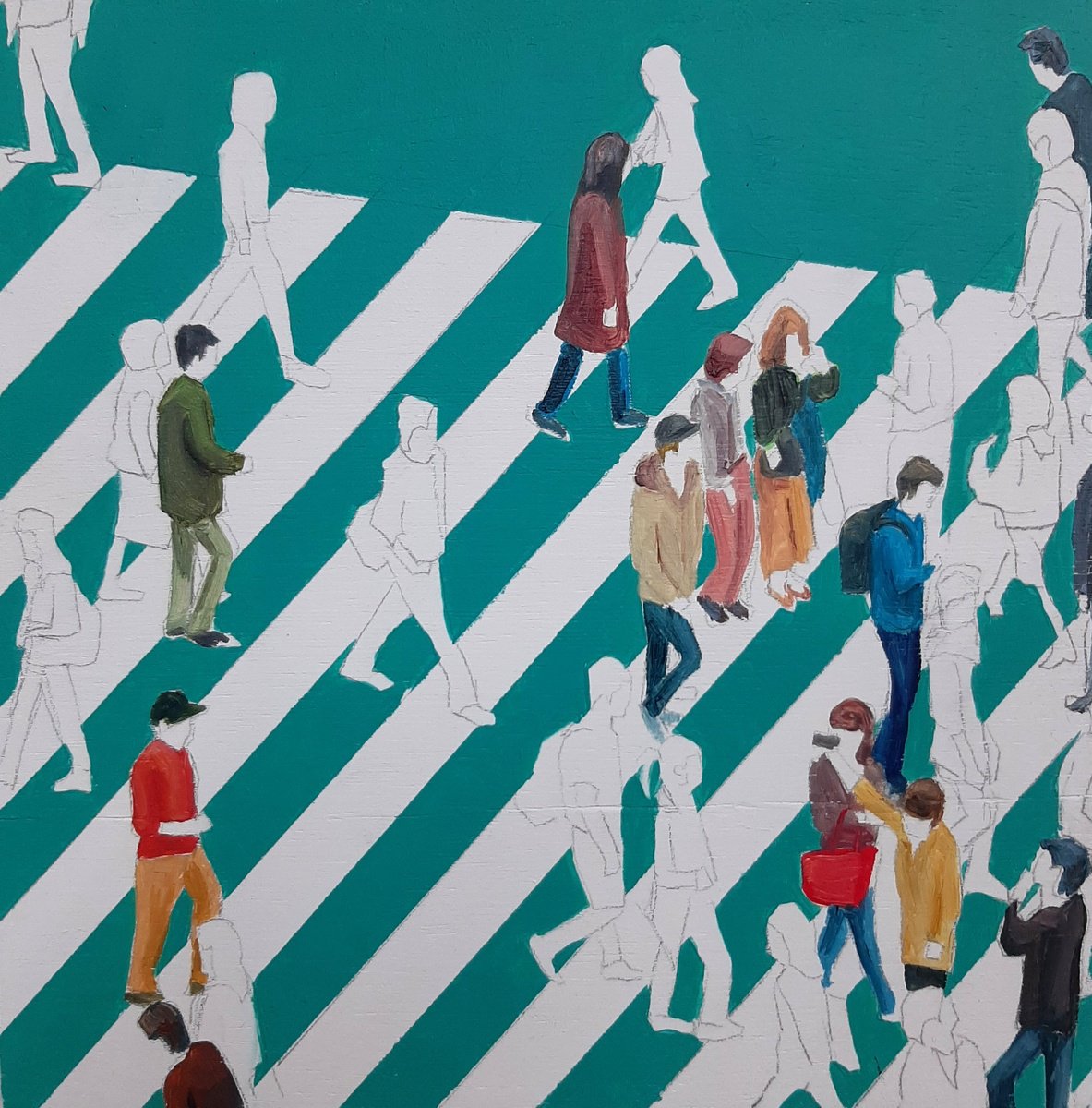 Urban And Pop Cityscapes Oil Painting By Martta Garcia, 8 X 8", Culture Of "Like" Iii, Original Artwork