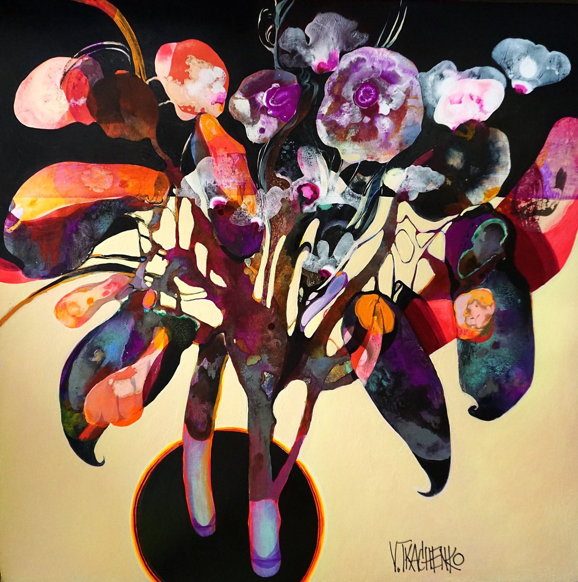 Organic Botanical Acrylic Painting By Victor Tkachenko, 24 X 24", Tiny Garden, Original Artwork