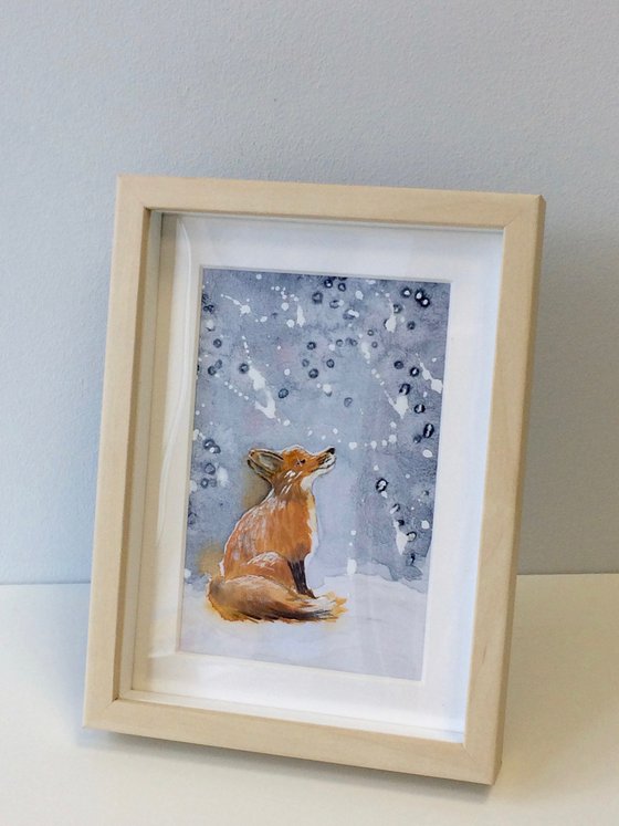 Fox portrait - Animal in the winter forest - Small watercolor on canvas - Framed artwork - Christmas gift idea