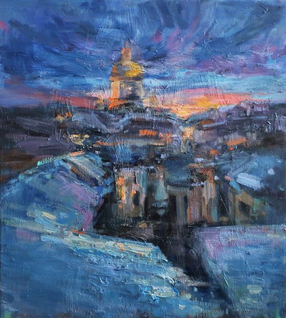 Oil painting Roofs City Sunset Night