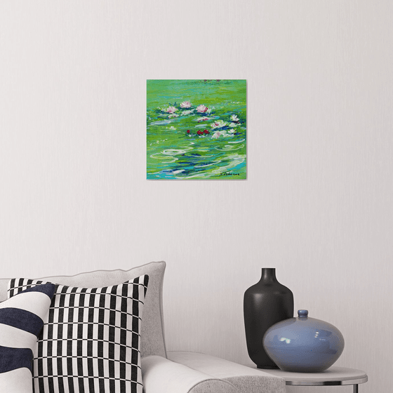 Water Lily Pond Small Floral Painting. Green Painting on Canvas. Modern Impressionism Art