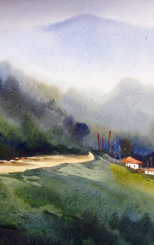 Himalaya Landscape- Watercolor on Paper by Samiran Sarkar