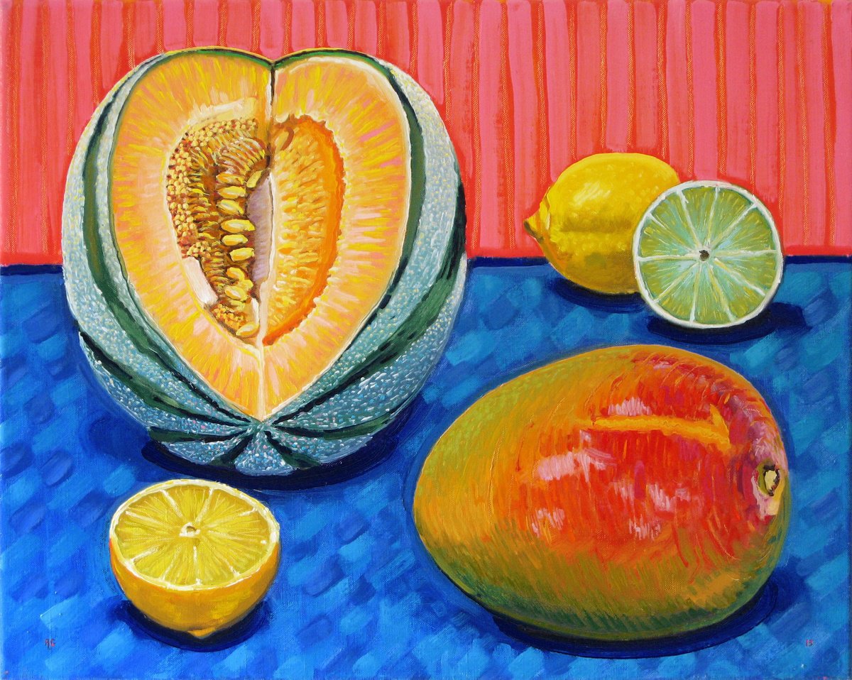 Still Life Oil Painting By Richard Gibson, 20 X 16", Fruit Including Sliced Melon, Original Artwork