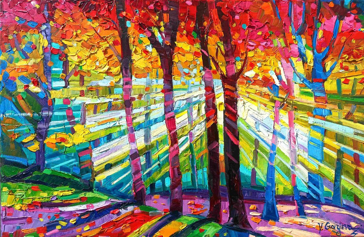 Impressionistic Landscape Oil Painting By Vanya Georgieva, 24 X 16", Gold Light Song, Original Artwork