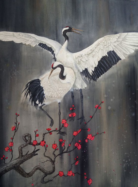 Couple Japanese Red Crowned Cranes and Plum Blossom - 梅花 - 丹頂鶴 - pink blossoms - spring blossom