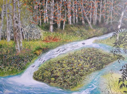 Forest and river landscape big painting by Gökhan  Alpgiray