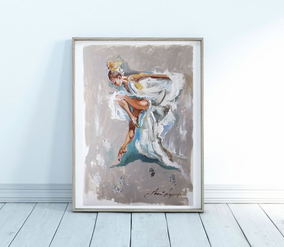 Elegance dancer girl oil painting. Dancing lady artwork. Ballerina in white dress