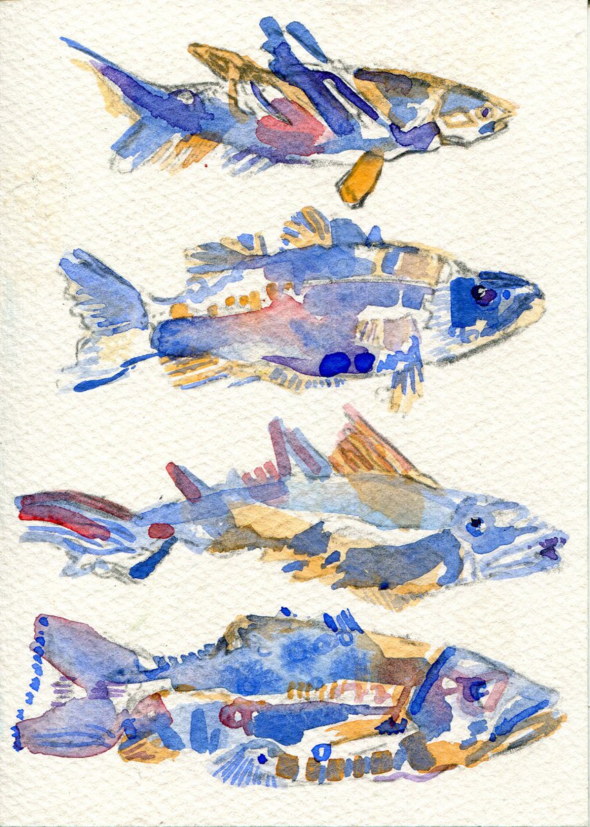 Four Small Blue Fish Watercolor by Hannah Clark