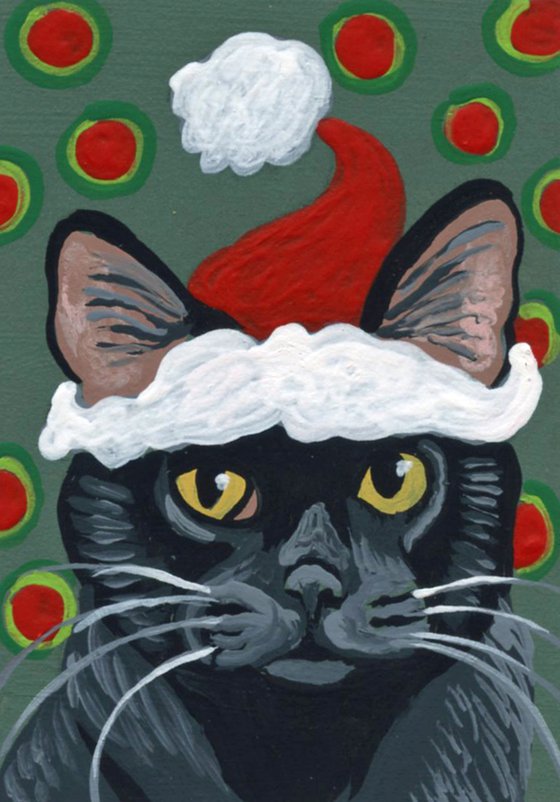 ACEO ATC Original Painting Christmas Pet Black Cat Art-Carla Smale