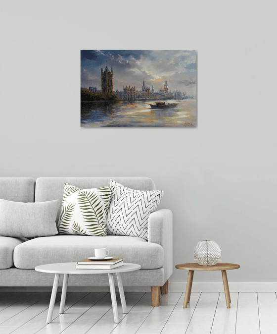 London Evening -  Thames, Palace of Westminster, large original oil painting