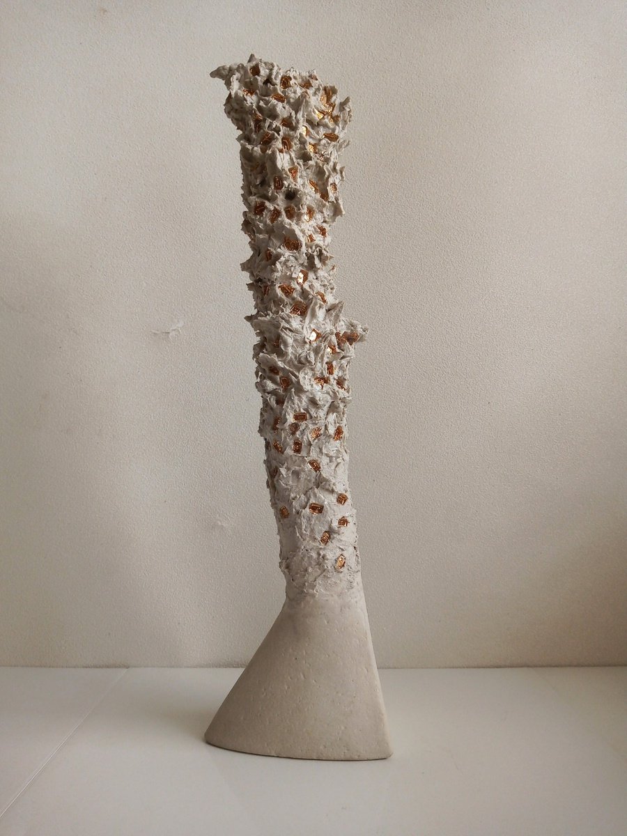 Abstract Clay Sculpture By Rossitza Trendafilova, 3 X 13", "Golden Figure Iii", Original Artwork