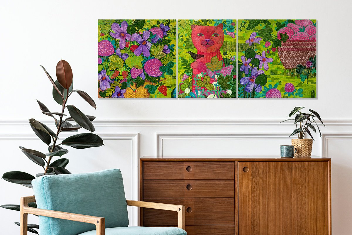 Naive Acrylic Painting , Strawberry Season By Margot Raven, 43 X 16, Artwork For Sale On Artfinder