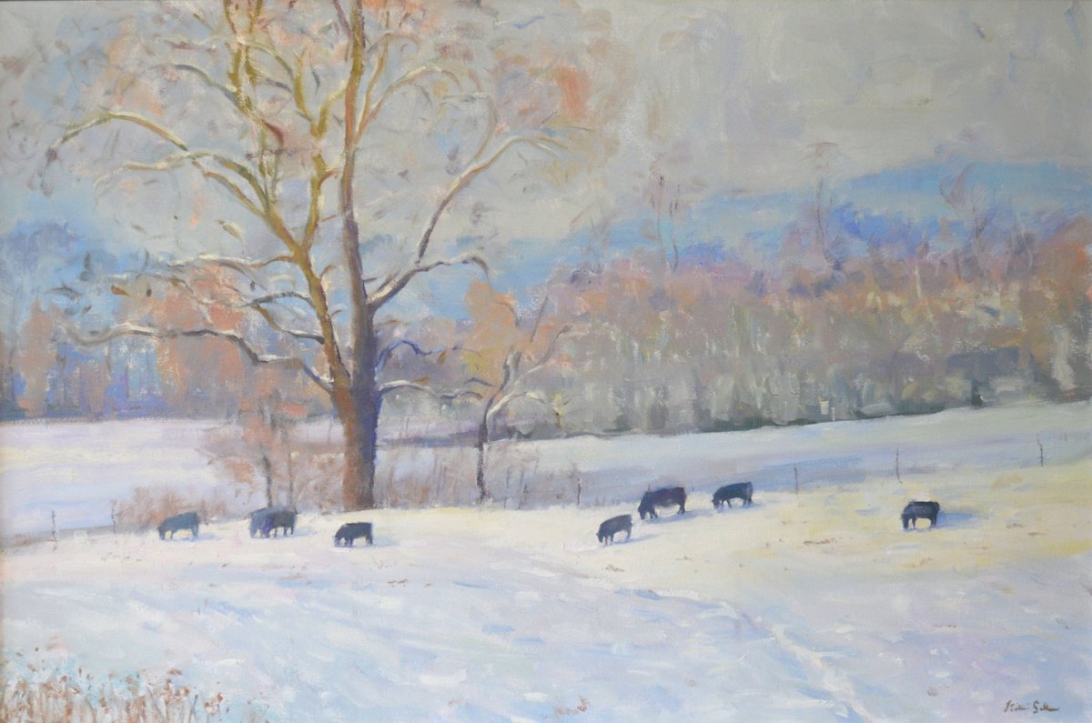 Impressionistic Landscape Oil Painting By Kristina Sellers, 36 X 24", Spring Snowfall, Original Artwork