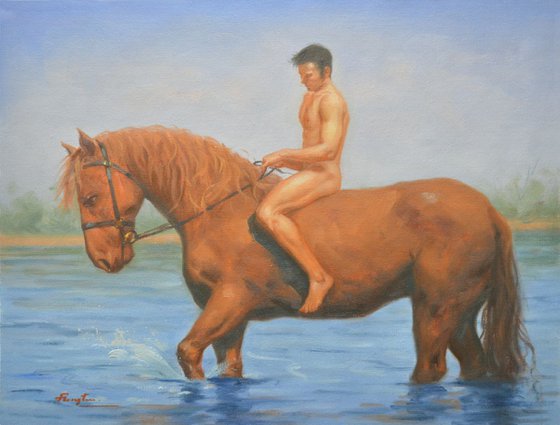 Oil paintingl art male nude and horse #16-4-4-10